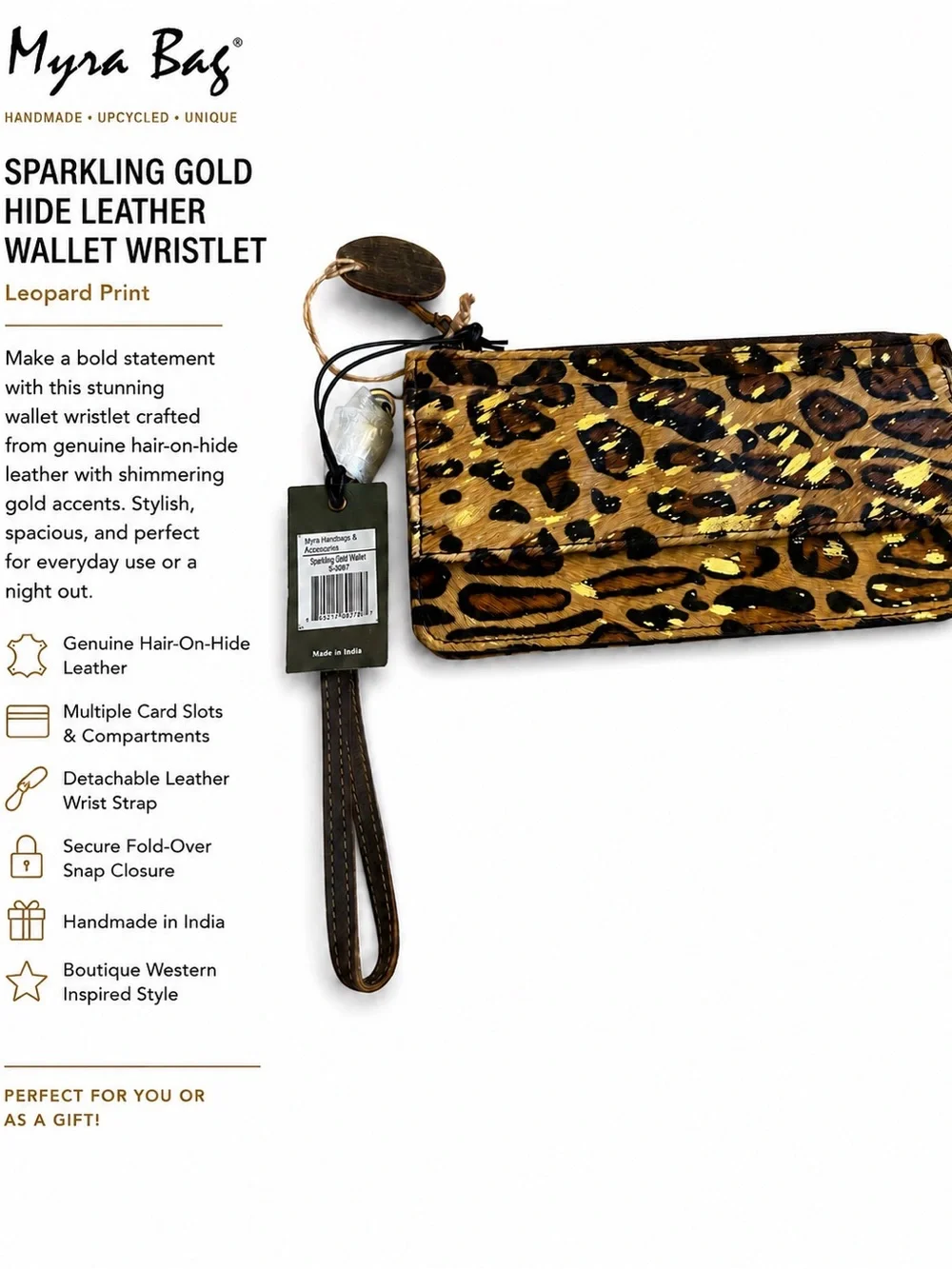 NWT Myra Bag Sparkling Gold Hide Leather Leopard Wallet Wristlet Clutch